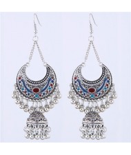 Oil-spot Glazed Vintage Moon with Bells Tassel Blod Style Fashion Earrings - Multicolor