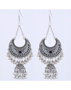 Oil-spot Glazed Vintage Moon with Bells Tassel Blod Style Fashion Earrings - Black