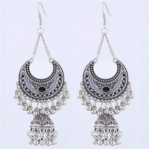 Oil-spot Glazed Vintage Moon with Bells Tassel Blod Style Fashion Earrings - Black