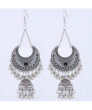 Oil-spot Glazed Vintage Moon with Bells Tassel Blod Style Fashion Earrings - Black
