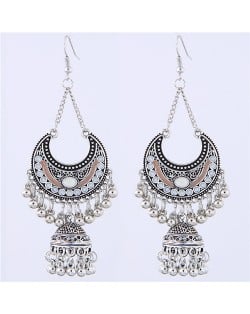 Oil-spot Glazed Vintage Moon with Bells Tassel Blod Style Fashion Earrings - White