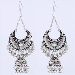 Oil-spot Glazed Vintage Moon with Bells Tassel Blod Style Fashion Earrings - White