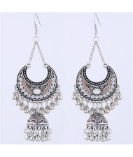 Oil-spot Glazed Vintage Moon with Bells Tassel Blod Style Fashion Earrings - White