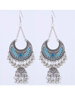 Oil-spot Glazed Vintage Moon with Bells Tassel Blod Style Fashion Earrings - Blue