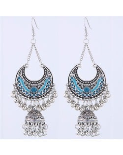 Oil-spot Glazed Vintage Moon with Bells Tassel Blod Style Fashion Earrings - Blue