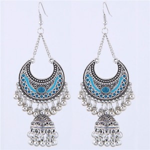 Oil-spot Glazed Vintage Moon with Bells Tassel Blod Style Fashion Earrings - Blue