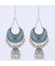 Oil-spot Glazed Vintage Moon with Bells Tassel Blod Style Fashion Earrings - Blue