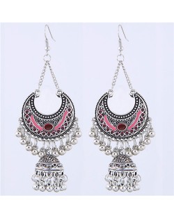 Oil-spot Glazed Vintage Moon with Bells Tassel Blod Style Fashion Earrings - Pink