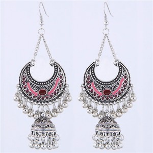 Oil-spot Glazed Vintage Moon with Bells Tassel Blod Style Fashion Earrings - Pink
