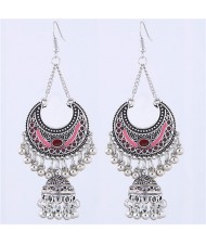 Oil-spot Glazed Vintage Moon with Bells Tassel Blod Style Fashion Earrings - Pink