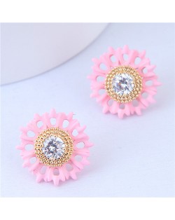 Oil-spot Glazed Fashionable Flower Design Women Costume Earrings - Pink