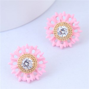 Oil-spot Glazed Fashionable Flower Design Women Costume Earrings - Pink