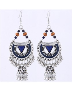 Oil-spot Glazed Folk Style Arch with Bells Tassel Design High Fashion Women Earrings - Blue