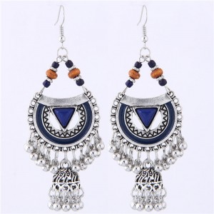 Oil-spot Glazed Folk Style Arch with Bells Tassel Design High Fashion Women Earrings - Blue
