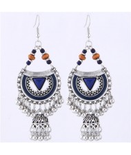 Oil-spot Glazed Folk Style Arch with Bells Tassel Design High Fashion Women Earrings - Blue