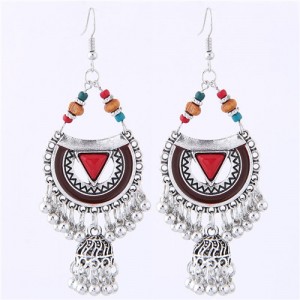 Oil-spot Glazed Folk Style Arch with Bells Tassel Design High Fashion Women Earrings - Red