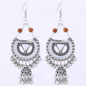Oil-spot Glazed Folk Style Arch with Bells Tassel Design High Fashion Women Earrings - White