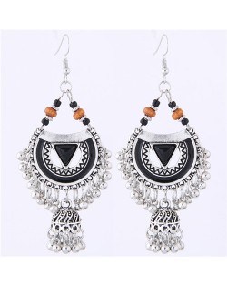 Oil-spot Glazed Folk Style Arch with Bells Tassel Design High Fashion Women Earrings - Black