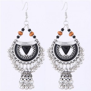 Oil-spot Glazed Folk Style Arch with Bells Tassel Design High Fashion Women Earrings - Black