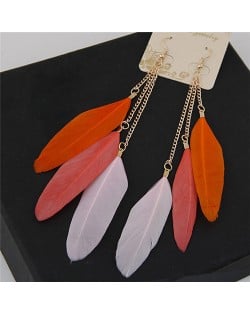 Dangling Feather Tassel High Fashion Women Statement Earrings - Orange and White