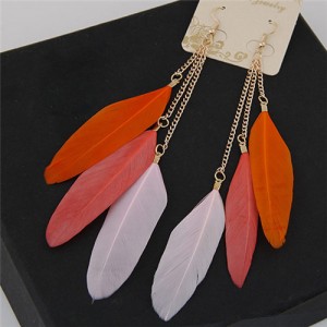 Dangling Feather Tassel High Fashion Women Statement Earrings - Orange and White
