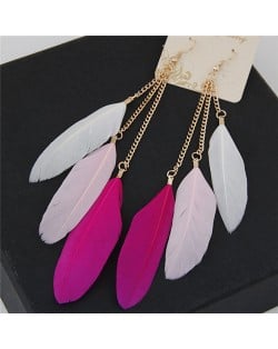 Dangling Feather Tassel High Fashion Women Statement Earrings - White and Rose