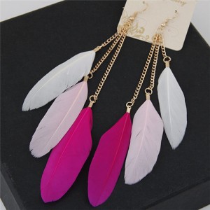 Dangling Feather Tassel High Fashion Women Statement Earrings - White and Rose