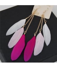 Dangling Feather Tassel High Fashion Women Statement Earrings - White and Rose