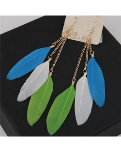 Dangling Feather Tassel High Fashion Women Statement Earrings - Blue White and Green