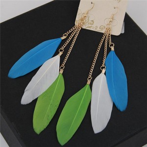 Dangling Feather Tassel High Fashion Women Statement Earrings - Blue White and Green