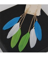 Dangling Feather Tassel High Fashion Women Statement Earrings - Blue White and Green