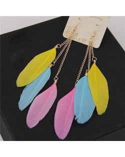 Dangling Feather Tassel High Fashion Women Statement Earrings - Yellow Blue and Pink