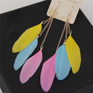Dangling Feather Tassel High Fashion Women Statement Earrings - Yellow Blue and Pink
