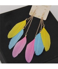 Dangling Feather Tassel High Fashion Women Statement Earrings - Yellow Blue and Pink