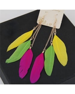 Dangling Feather Tassel High Fashion Women Statement Earrings - Yellow Green and Rose