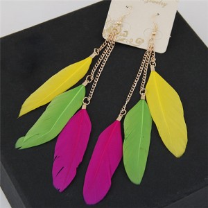 Dangling Feather Tassel High Fashion Women Statement Earrings - Yellow Green and Rose