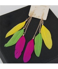 Dangling Feather Tassel High Fashion Women Statement Earrings - Yellow Green and Rose