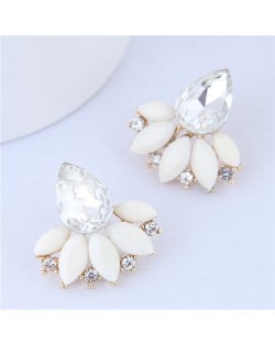 Rhinestone and Resin Fan-shape Flower Design Korean Fashion Earrings - White