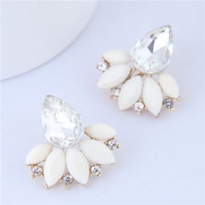 Rhinestone and Resin Fan-shape Flower Design Korean Fashion Earrings - White