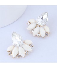 Rhinestone and Resin Fan-shape Flower Design Korean Fashion Earrings - White