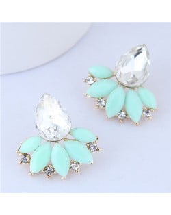 Rhinestone and Resin Fan-shape Flower Design Korean Fashion Earrings - Green