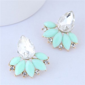 Rhinestone and Resin Fan-shape Flower Design Korean Fashion Earrings - Green