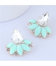 Rhinestone and Resin Fan-shape Flower Design Korean Fashion Earrings - Green