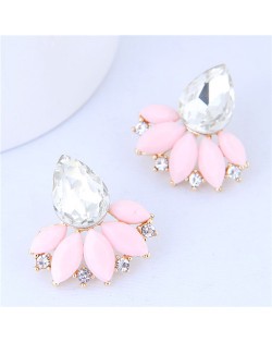 Rhinestone and Resin Fan-shape Flower Design Korean Fashion Earrings - Pink