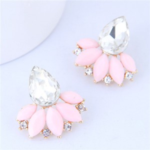 Rhinestone and Resin Fan-shape Flower Design Korean Fashion Earrings - Pink