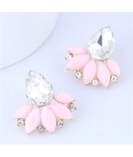 Rhinestone and Resin Fan-shape Flower Design Korean Fashion Earrings - Pink
