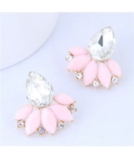 Rhinestone and Resin Fan-shape Flower Design Korean Fashion Earrings - Pink