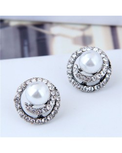 Pearl Centered Rhinestone Rimmed Hollow Floral Pattern Women Earrings