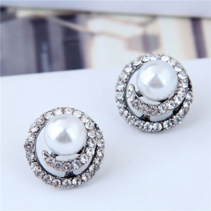 Pearl Centered Rhinestone Rimmed Hollow Floral Pattern Women Earrings