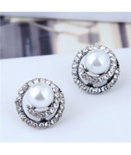Pearl Centered Rhinestone Rimmed Hollow Floral Pattern Women Earrings
